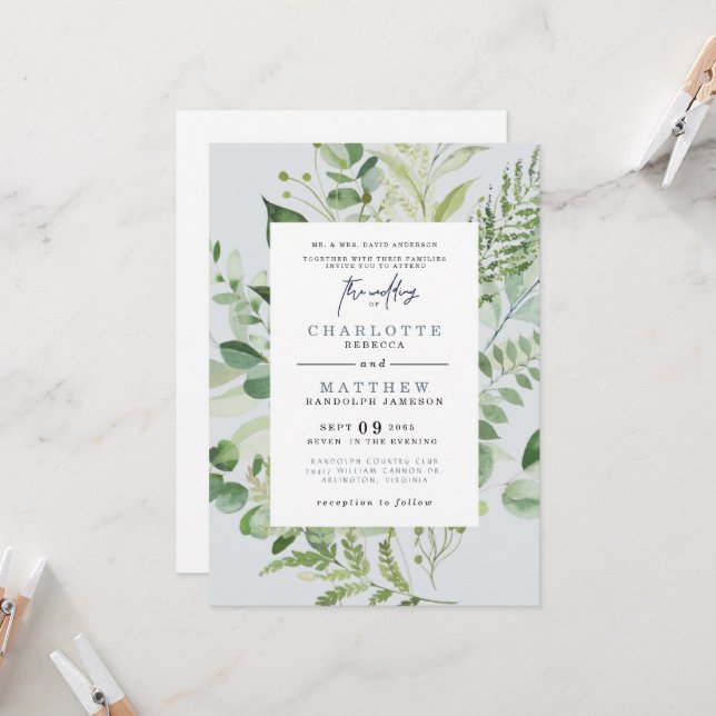 Elegant Eucalyptus Parents Dusty Blue Wedding Inv Einladung (Vorderseite/Rückseite Beispiel)