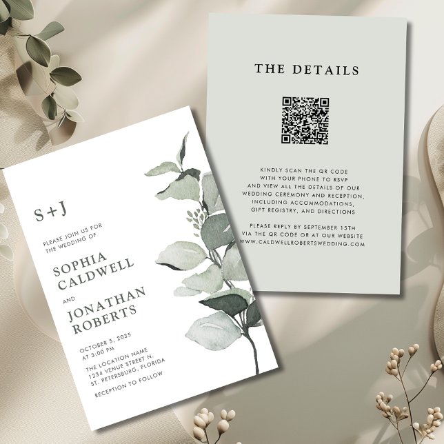 Elegant Eucalyptus QR Code Sage Wedding Einladung (Elegant Eucalyptus QR Code Sage Wedding Invitation)
