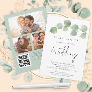 Elegant Eucalyptus Script 3 Foto QR Code Wedding Einladung