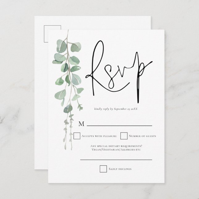 Elegant Eucalyptus Script Wedding RSVP Einladungspostkarte (Vorne/Hinten)