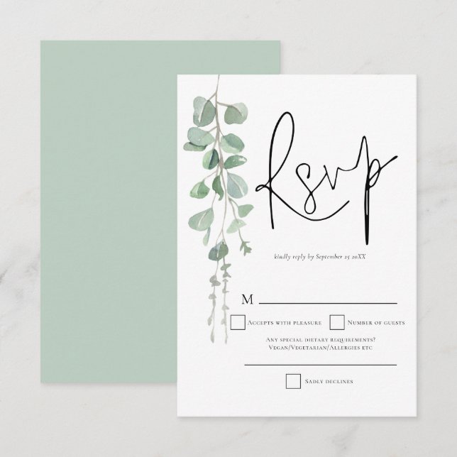 Elegant Eucalyptus Script Wedding RSVP Karte (Vorne/Hinten)