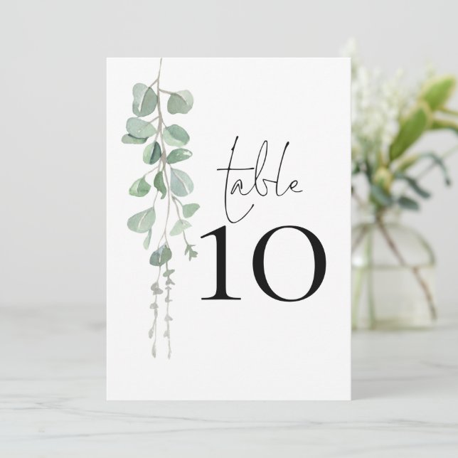 Elegant Eucalyptus Script Wedding Tischnummer (Stehend Vorderseite)