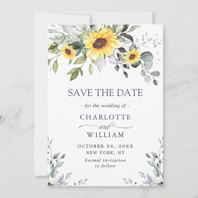 Elegant Eucalyptus Sonnenblumen Hochzeit Save The Date (Vorderseite)