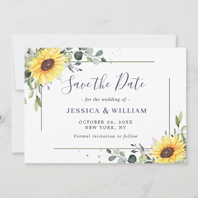 Elegant Eucalyptus Sonnenblumen Hochzeit Save The Date (Vorderseite)