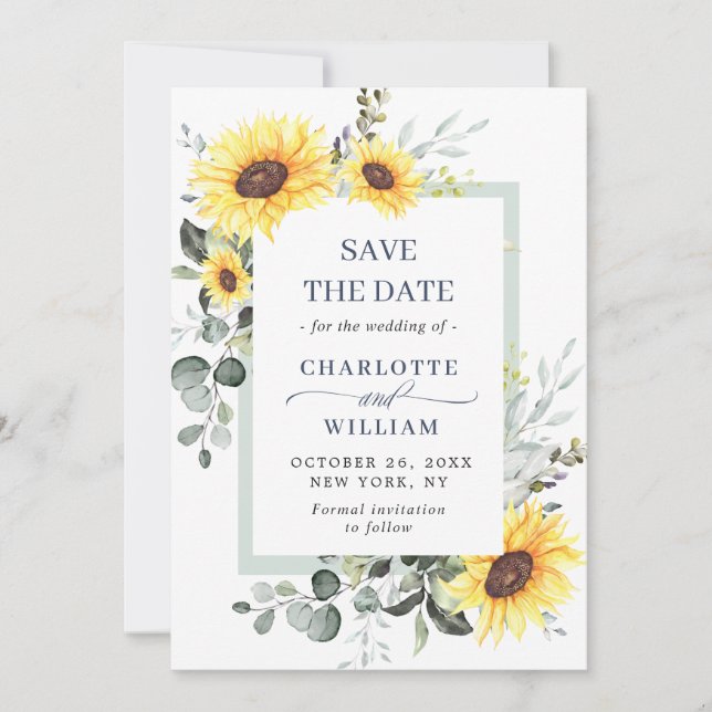 Elegant Eucalyptus Sonnenblumen Hochzeit Save The Date (Vorderseite)
