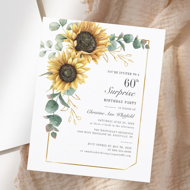 Elegant Eucalyptus Sunflower Script 60. Geburtstag (Elegant Eucalyptus Sunflower Script 60th Birthday)