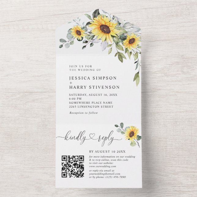 Elegant Eucalyptus Sunflowers Wedding QR Code All In One Einladung (Innen Boden)