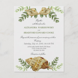 Elegant Eucalyptus und Seashell Wedding Einladung Postkarte