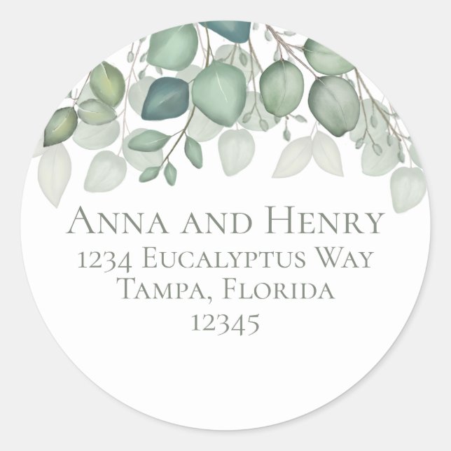 Elegant Eucalyptus Verlasse Grüne Rücksendeadresse Runder Aufkleber (Vorderseite)