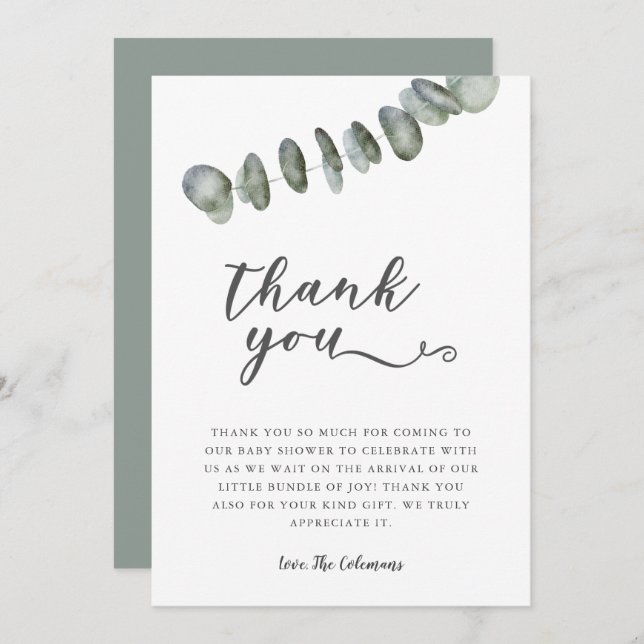 Elegant Eucalyptus Watercolor Blätter Baby Shower Dankeskarte (Vorne/Hinten)