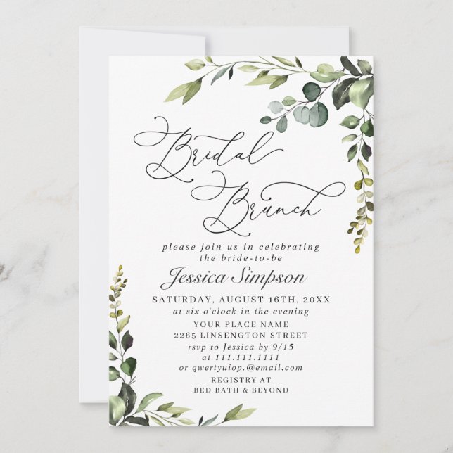 Elegant Eucalyptus Watercolor Bridal Brunch Einladung (Vorderseite)