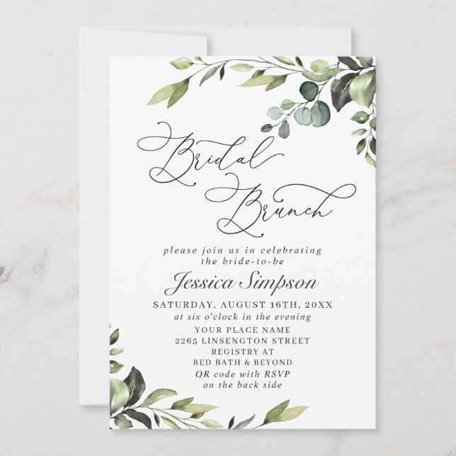 Elegant Eucalyptus Watercolor Bridal Brunch Einladung (Vorderseite)