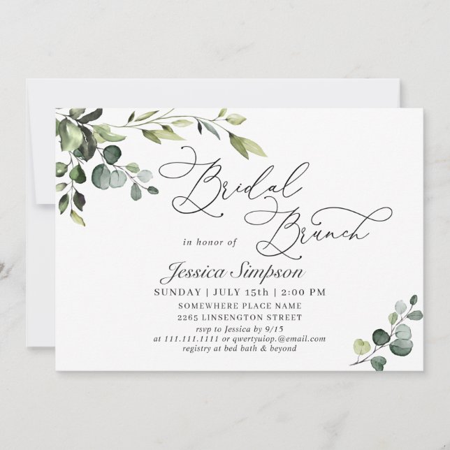 Elegant Eucalyptus Watercolor Bridal Brunch Einladung (Vorderseite)