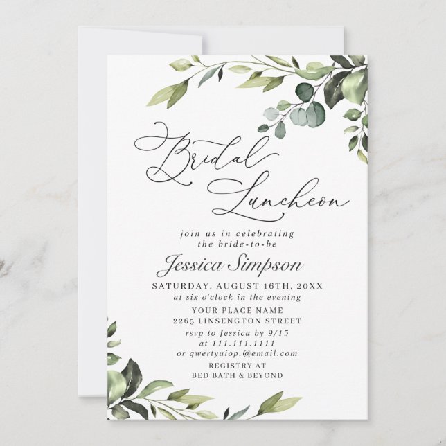 Elegant Eucalyptus Watercolor Bridal Luncheon Einladung (Vorderseite)