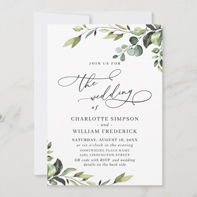 Elegant Eucalyptus Watercolor Grüne Hochzeit Einladung (Vorderseite)