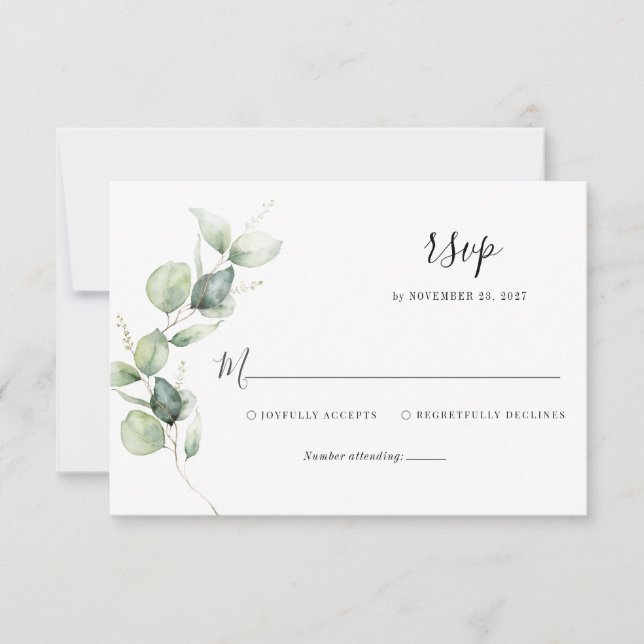 Elegant Eucalyptus Watercolor Script Wedding RSVP Karte (Vorderseite)