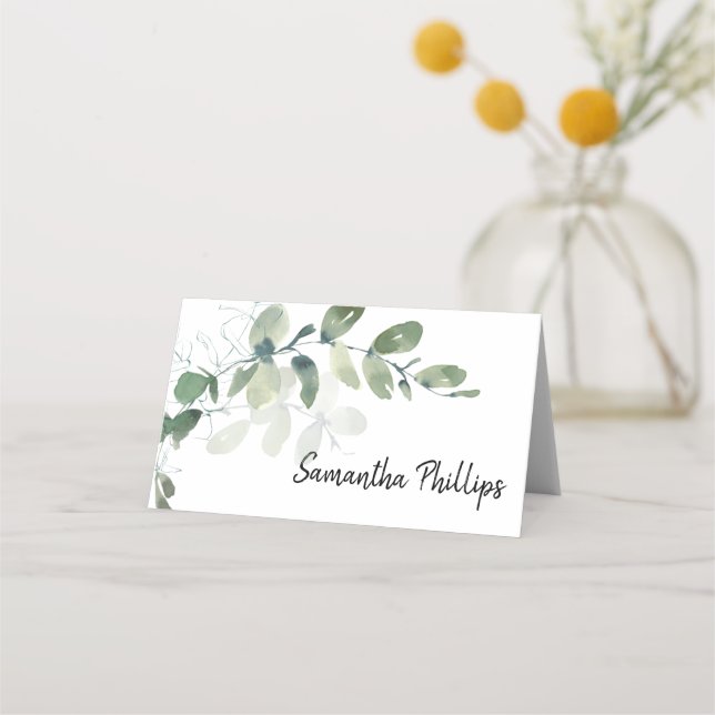 Elegant Eucalyptus Watercolor Wedding Platzkarte (Vorderseite)