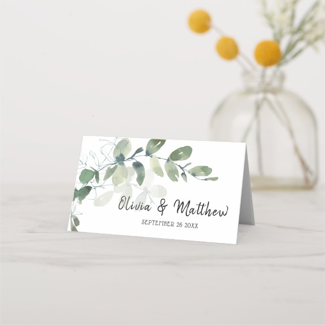 Elegant Eucalyptus Watercolor Wedding Platzkarte (Vorderseite)