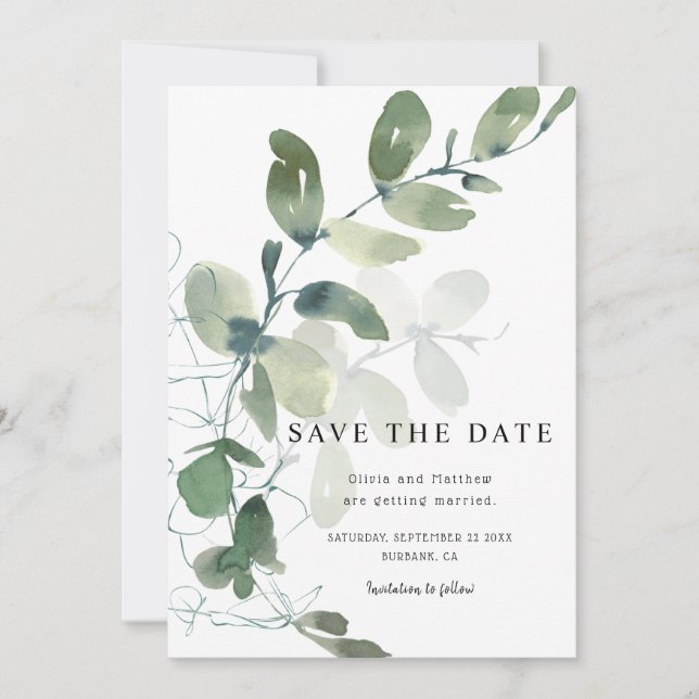Elegant Eucalyptus Watercolor Wedding Save The Date (Vorderseite)