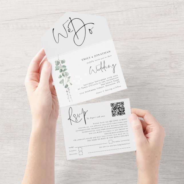 Elegant Eucalyptus We Do QR Code Wedding All In One Einladung (Abreißtisch)