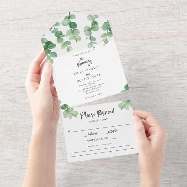 Elegant Eucalyptus Wedding Botanical Greenerenerit All In One Einladung (Abreißen)