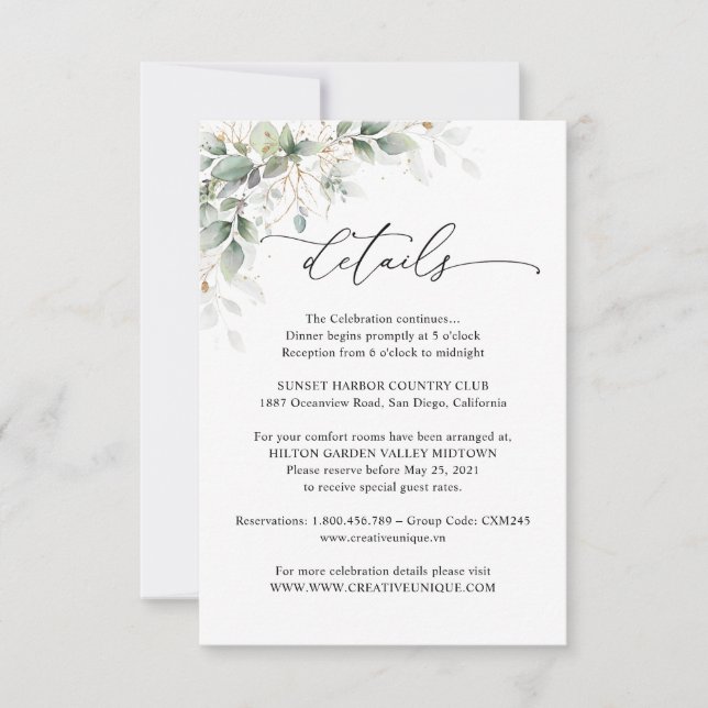 Elegant Eucalyptus Wedding Details Card RSVP Karte (Vorderseite)