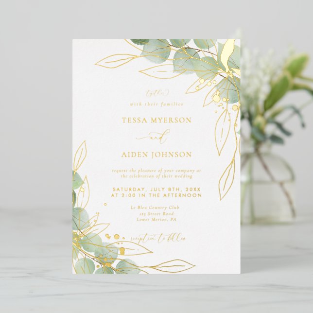 Elegant Eucalyptus Wedding Gold Folieneinladung (Stehend vorne)