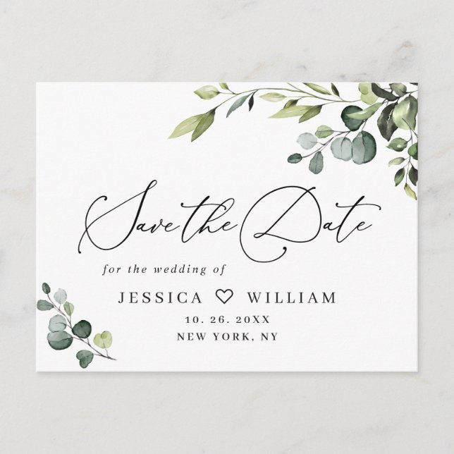 Elegant Eucalyptus Wedding Save the Date QR code Postkarte (Vorderseite)