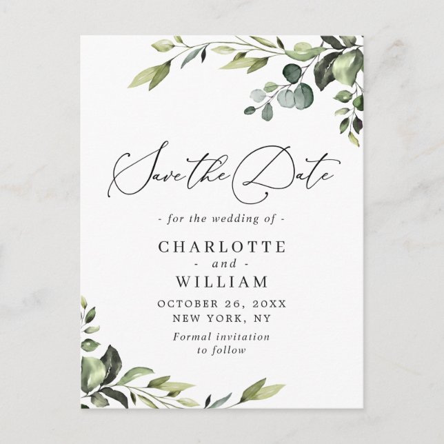 Elegant Eucalyptus Wedding Save the Date QR code Postkarte (Vorderseite)