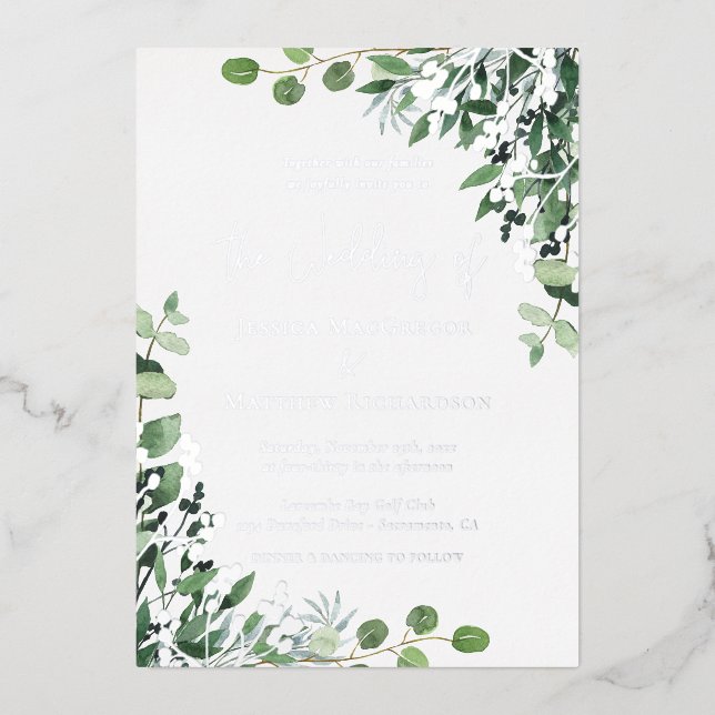 Elegant Eucalyptus Wedding Silver Folieneinladung (Vorderseite)