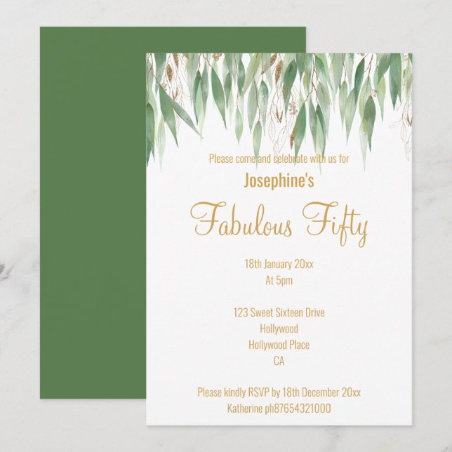 ELEGANT EUCALYPTUS WHITE GOLD CUSTOM EINLADUNG (Vorne/Hinten)