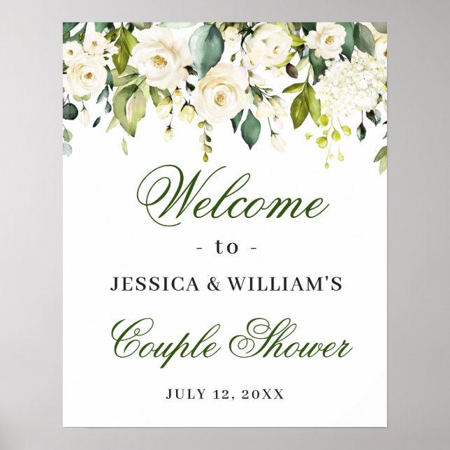 Elegant Eucalyptus White Roses Couples Dusche Poster (Vorne)