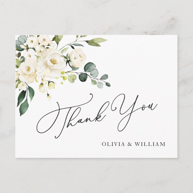 Elegant Eucalyptus White Roses Floral Vielen Dank Postkarte (Vorderseite)