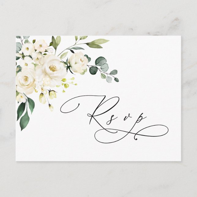 Elegant Eucalyptus White Roses Wedding RSVP Postkarte (Vorderseite)
