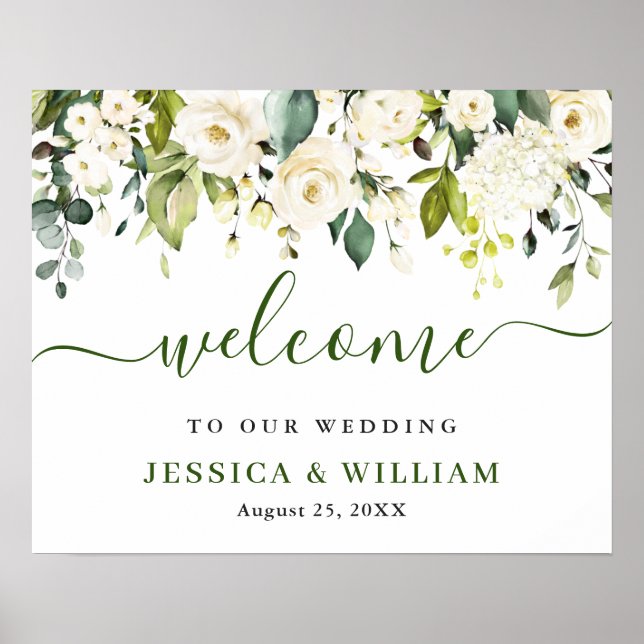 Elegant Eucalyptus White Roses Wedding Willkommen Poster (Vorne)