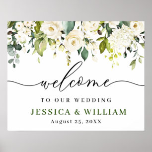 Elegant Eucalyptus White Roses Wedding Willkommen Poster