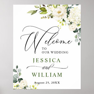 Elegant Eucalyptus White Roses Wedding Willkommen Poster