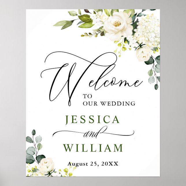 Elegant Eucalyptus White Roses Wedding Willkommen Poster (Vorne)