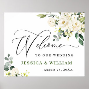 Elegant Eucalyptus White Roses Wedding Willkommen Poster