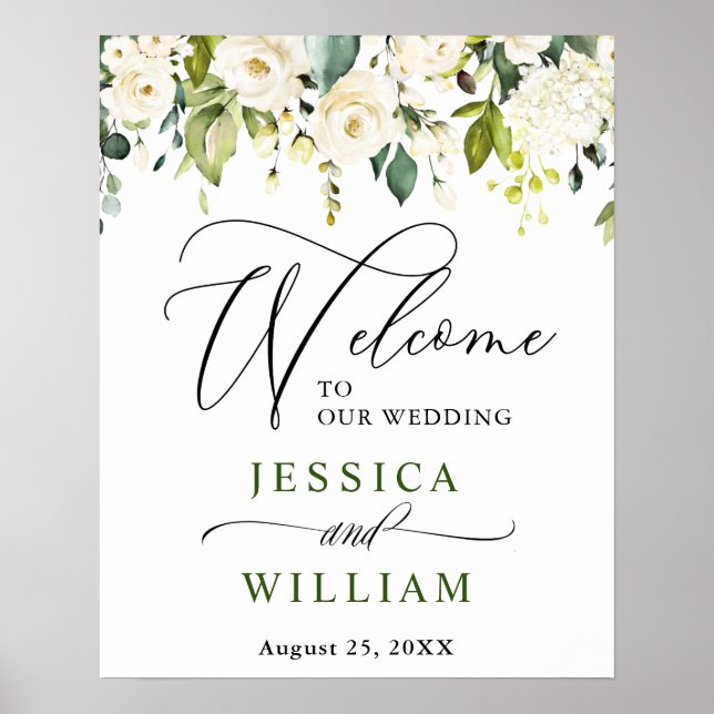 Elegant Eucalyptus White Roses Wedding Willkommen Poster (Vorne)