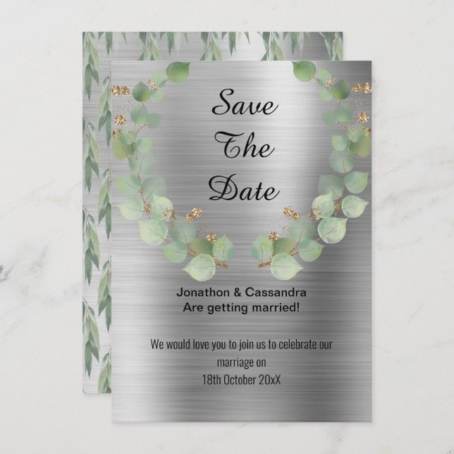 ELEGANT EUCALYPTUS WREATSILVER SAVE THE DATE (Vorne/Hinten)