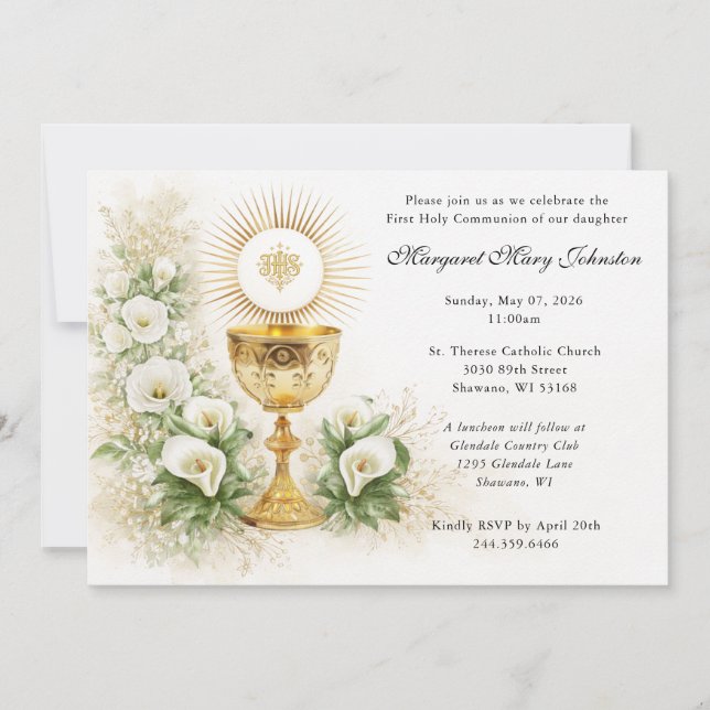 Elegant Eucharist First Communion Floral Einladung (Vorderseite)