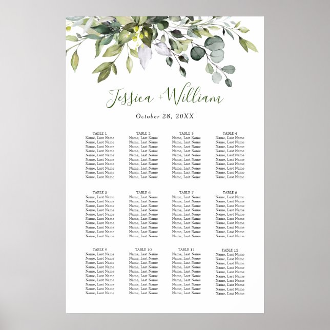 Elegant Eukalyptus 12 Tische Hochzeitssaison CHART Poster (Vorne)