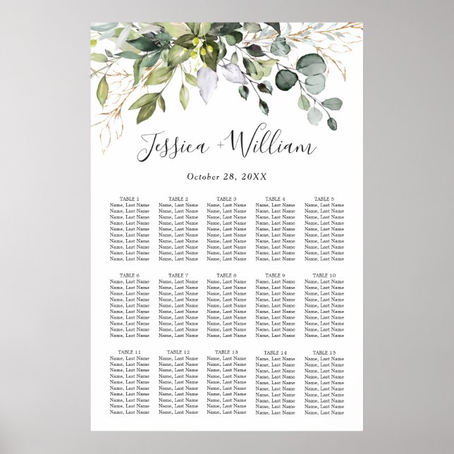 Elegant Eukalyptus 15 Tische Hochzeitssaison CHART Poster (Vorne)