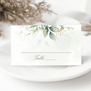 Elegant Eukalyptus Blätter Grüne Goldhochzeit Platzkarte