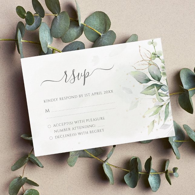Elegant Eukalyptus Blätter Grüne Goldhochzeit RSVP Karte (Von Creator hochgeladen)