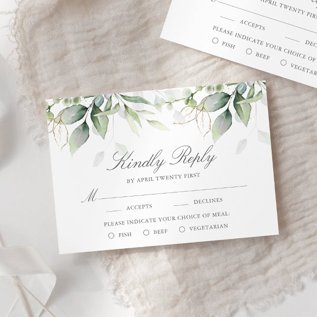 Elegant Eukalyptus Blätter Grüne Goldhochzeit RSVP Karte (Von Creator hochgeladen)