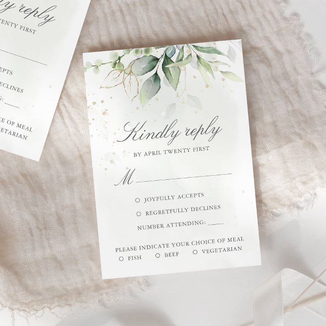 Elegant Eukalyptus Blätter Grüne Goldhochzeit RSVP Karte (Von Creator hochgeladen)