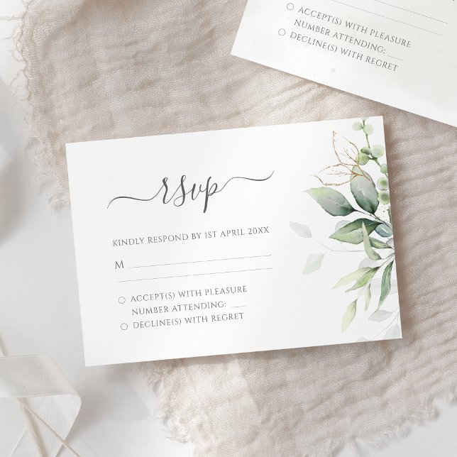 Elegant Eukalyptus Blätter Grüne Goldhochzeit RSVP Karte (Von Creator hochgeladen)