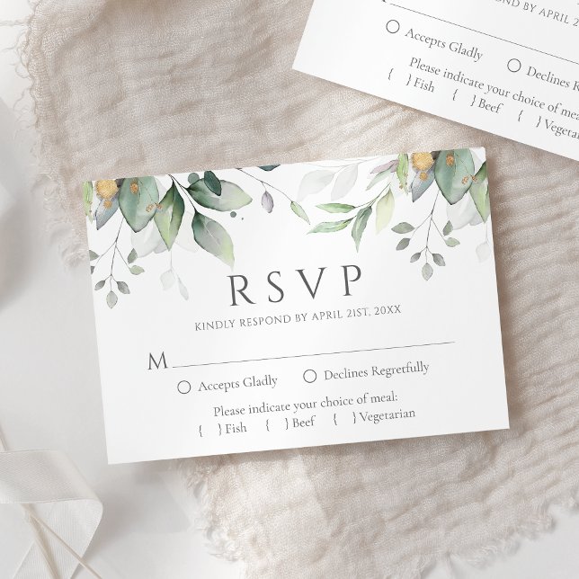 Elegant Eukalyptus Blätter Grüne Goldhochzeit RSVP Karte (Von Creator hochgeladen)